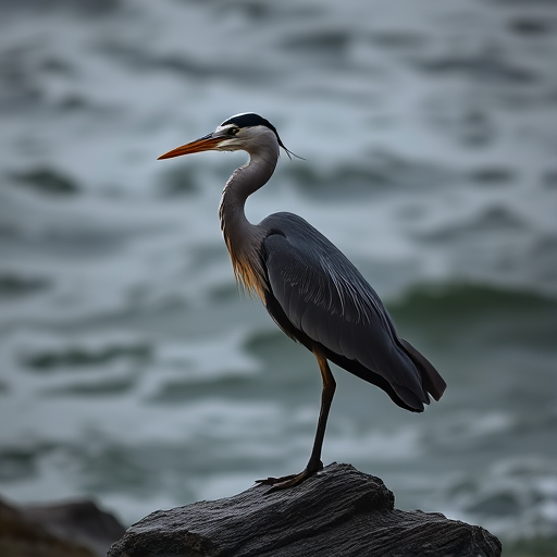 heron standing on a rock by the ocean with waves in the background, taken with a DSLR camera, 200mm lens, f/5.6 aperture, ISO 400, natural light, shallow depth of field, focus on the bird, slightly dark moody atmosphere