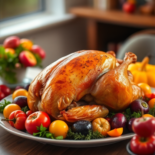a beautifully roasted turkey on a large platter surrounded by colorful fruits and vegetables, warm natural lighting, shallow depth of field, taken with a DSLR camera, 50mm lens, aperture f/2.8, ISO 200, soft focus background