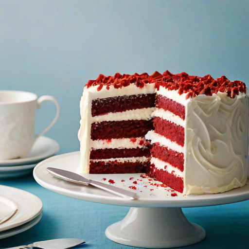 Generate an image of a red velvet cake with cream cheese frosting. The cake should be round with a smooth, white icing on the outside, decorated with swirls on top. One slice has been removed, revealing the red interior with layers of frosting between the cake layers. The cake is placed on a white cake stand and set on a light blue table with a simple tablecloth. Include a cake server next to the cake.
