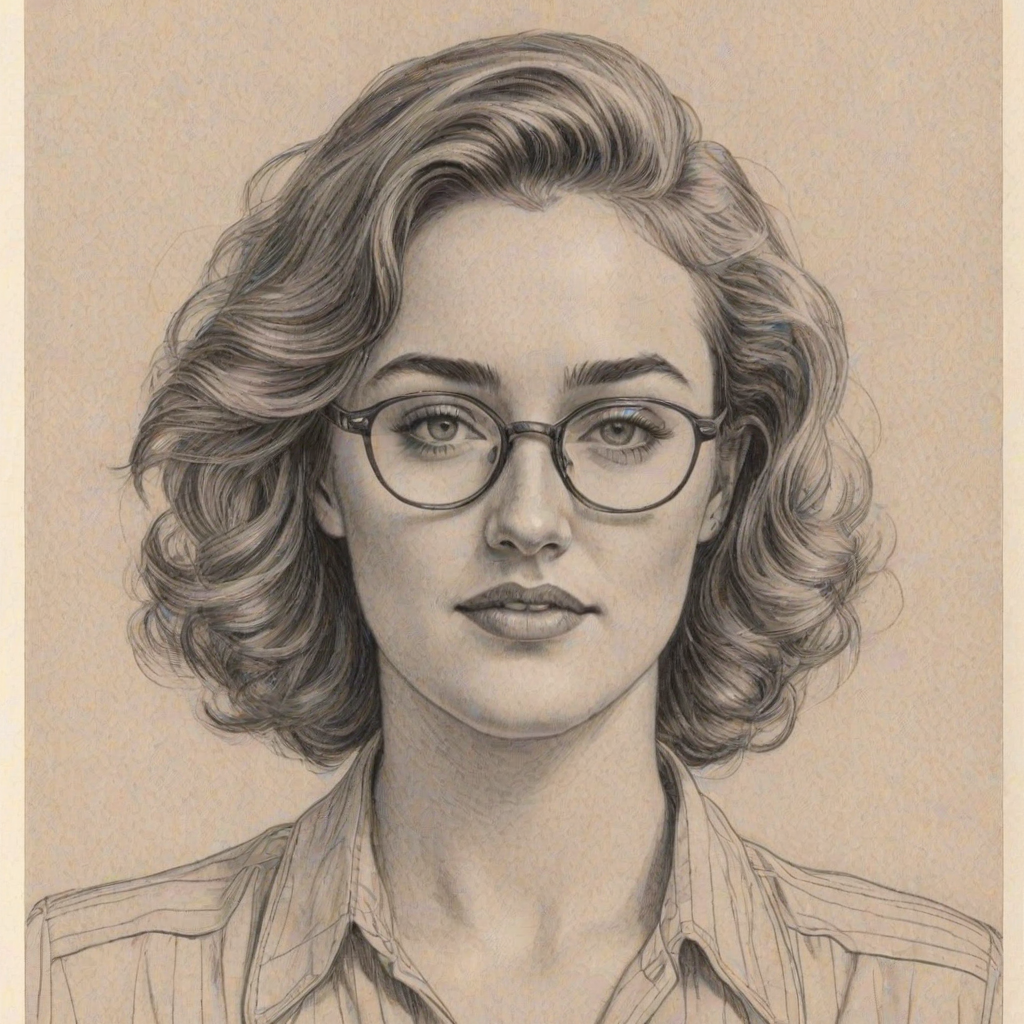 Radiant Ashley Johnson, pencil sketch, portrait of Stunning woman 1943s in glasses, hair style beatnik, outline, clear lines, fine lines, 8k