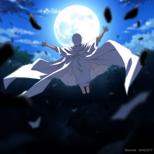 source_anime, rating_safe, day, natural lighting, faceless-humanoid focus, flying, floating, Dafaceless, no face, white_Dafaceless_cloth, 1faceless, intricately detailed illustration, depth of field, atmospheric perspective, horror