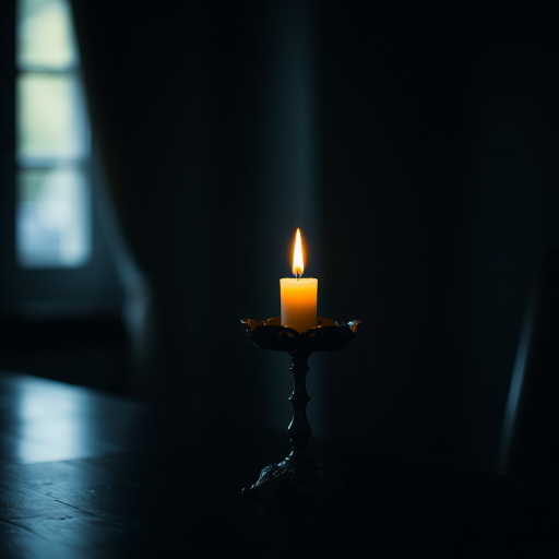 Create a serene, dimly lit interior scene featuring a single candle on an ornate holder, warm candlelight illuminating the surrounding shadows, captured with a DSLR camera, 50mm lens, aperture f/1.8, ISO 200, using a soft focus filter.
