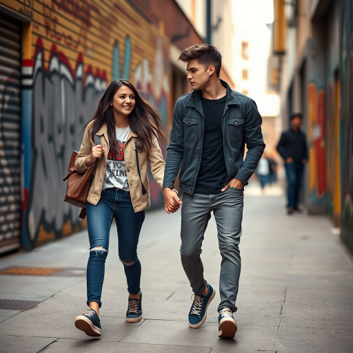 Capture a candid street photograph of a young couple walking hand in hand, showcasing urban fashion, with a focus on depth of field, using a DSLR camera at f/2.8, ISO 200, 50mm lens, natural light, and a slightly elevated angle to emphasize the modern graffiti background.