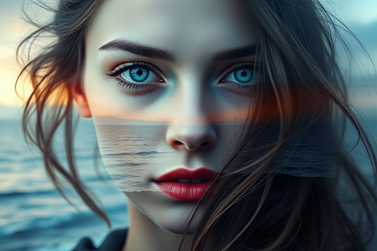 this photo is Book cover, A surreal double exposure portrait that blends a woman's face with a beautiful seascape. The overall mood is dreamy and mystical, with rich colors and intricate details
