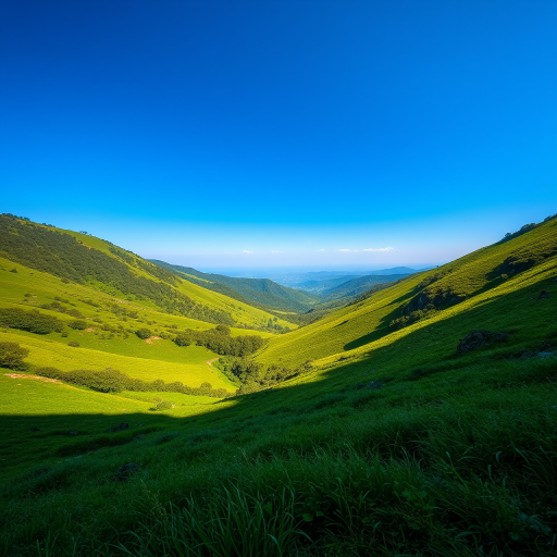 Create an image of a serene landscape with lush green hills and a clear blue sky, shot with a full-frame DSLR at f/8, ISO 100, 1/250s, using a wide-angle lens to capture the expansive view in vibrant colors and sharp detail.