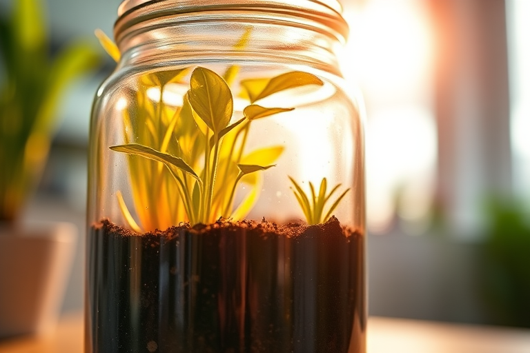 a detailed close-up of a glass jar containing vibrant plants and soil, illuminated from below with warm, glowing light, shallow depth of field, f/2.8 aperture, 50mm lens, ISO 100, soft diffused lighting from the side, captured with a DSLR camera in a well-lit indoor setting