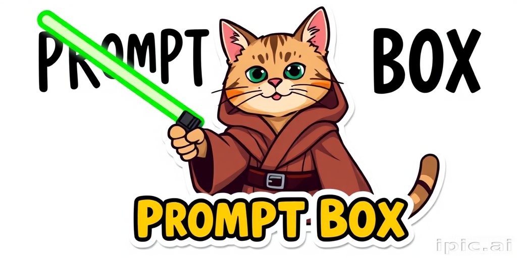 Sticker design, content cat wearing a Jedi robe and holding green lightsaber, promoting a message with the words "Prompt Box", flat bright colors, isolated on a white background, illustration