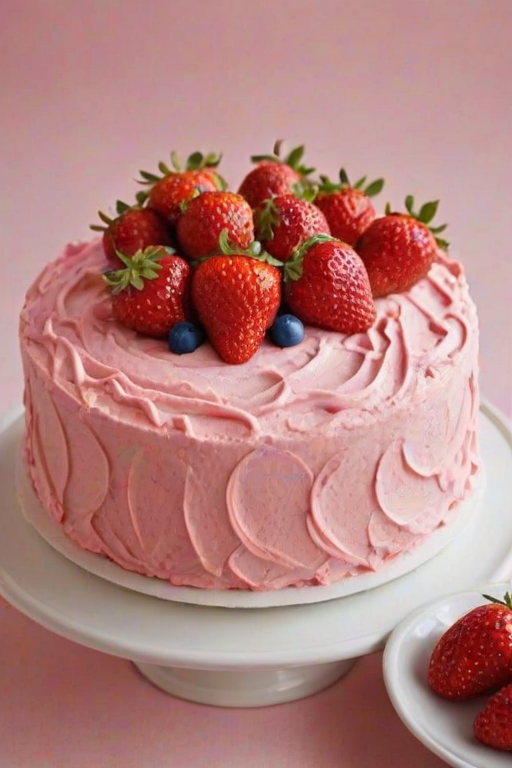 Create an image of a round cake with a smooth pink frosting. The top of the cake should be decorated with a swirl of frosting and fresh strawberries placed artistically on top. The sides of the cake should also have a decorative border of frosting. In the background, include a small bowl of whole strawberries.