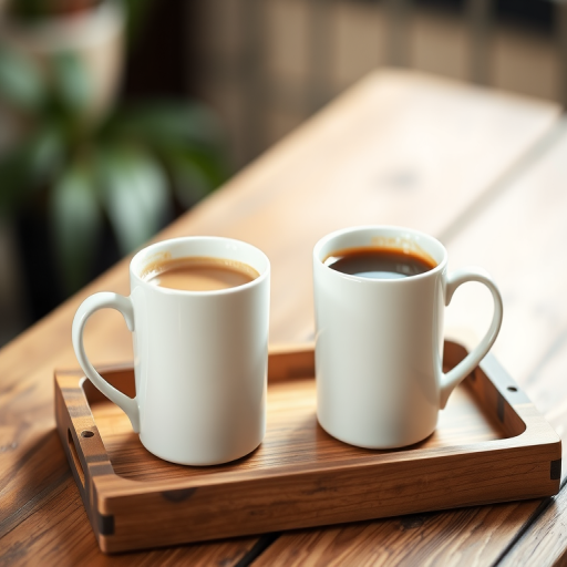 two white mugs of coffee on a wooden tray on a rustic table, soft natural lighting, depth of field with blurred background, camera type: DSLR, lens: 50mm f/1.8, aperture: f/2.8, ISO: 200, shutter speed: 1/100s