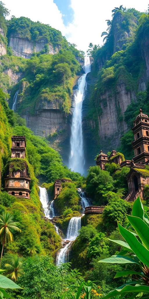 create a lush, tropical landscape with towering waterfalls, ancient ruins, and vibrant greenery, using a DSLR camera with a 24mm lens, aperture f/8, ISO 200, and a wide-angle view to capture depth and clarity in daylight conditions