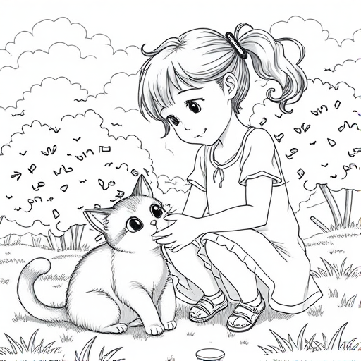 Create a detailed line art drawing of a girl playing with a cat in a lush outdoor setting, emphasizing the trees and clouds in the background, use a high-resolution digital camera with a 50mm lens, f/2.8 aperture, and 1/100s shutter speed for crisp lines and vibrant details.
