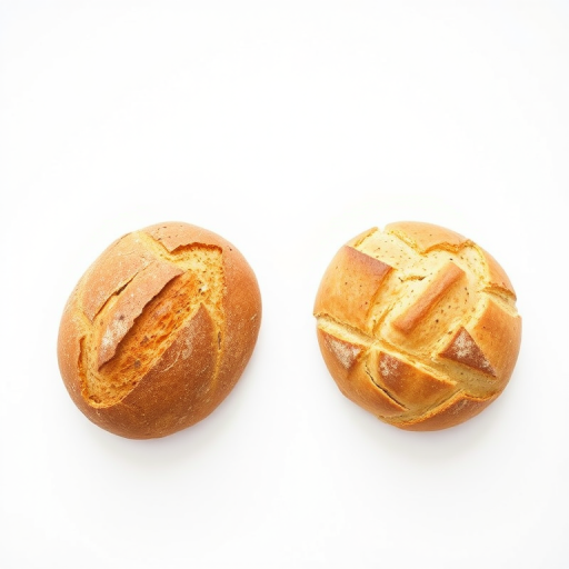 Create a high-resolution image of two types of loaves of bread displayed side by side on a clean white background with a soft focus, using a DSLR camera, aperture f/2.8, ISO 100, 50mm lens, natural lighting, and top-down view.