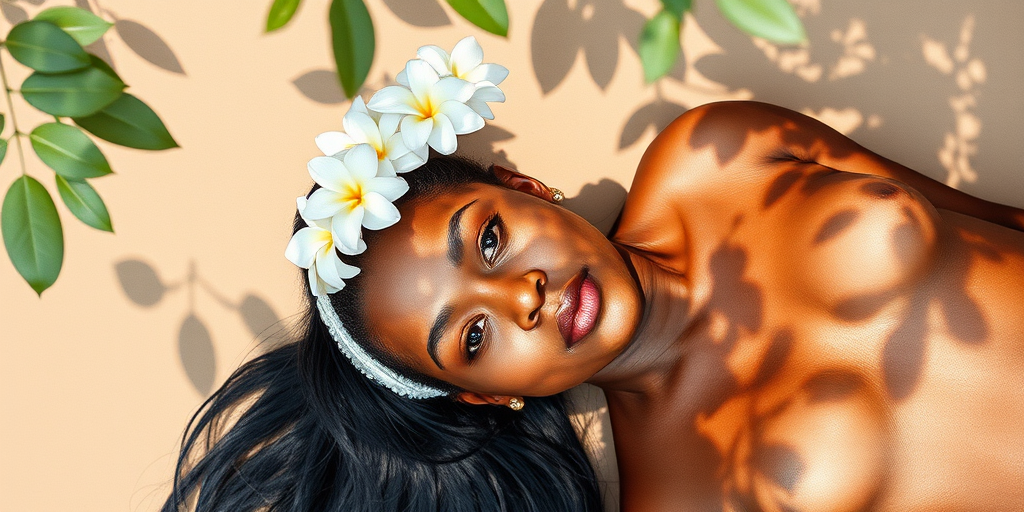 create a watercolor painting of an ethereal portrait of beautiful Garifuna woman with a simple white flower crown on her head. Her hair is long and she is lying on the ground. The sunlight on the trees casts shadows from the leaves on her face and body. The background is a neutral brown color that matches her skin tone. The image is minimalist and solid colors. This style is characterized by soft, delicate brushstrokes and a light, airy, contrasting color palette. High level of detail and play of light