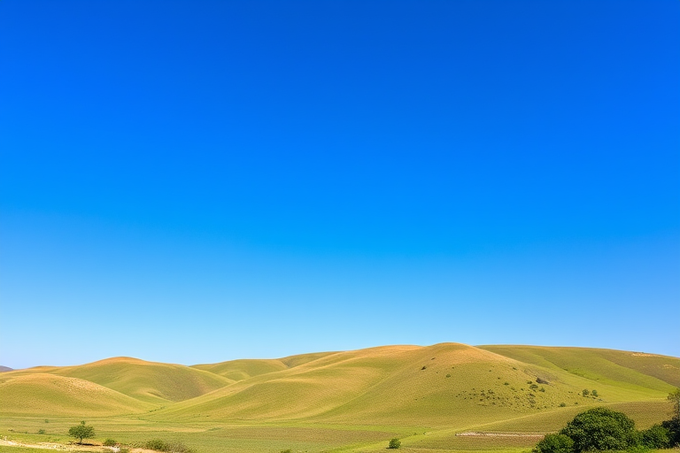 Generate an image of a peaceful natural landscape featuring rolling hills and a clear blue sky, captured with a Canon EOS R5, 24mm lens, aperture f/8, ISO 100, and a shutter speed of 1/125s, in vibrant colors with sharp details and a wide-angle view.