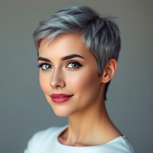 Sophisticated salt-and-pepper haired woman with a chic, tapered pixie cut, exuding confidence and embracing natural beauty