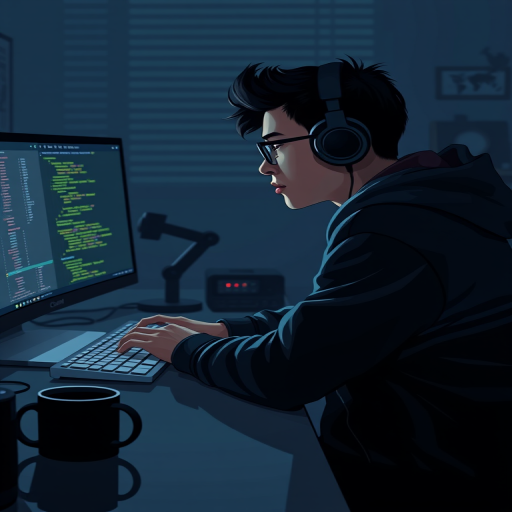 Create a digital illustration of a programmer working late at a desk with a computer displaying code, wearing headphones and a hoodie, with a coffee mug beside them, in a dimly lit room, captured in high resolution with a Canon EOS R5, 50mm lens, f/1.8 aperture, ISO 200, shallow depth of field, and soft diffused lighting for a moody atmosphere.