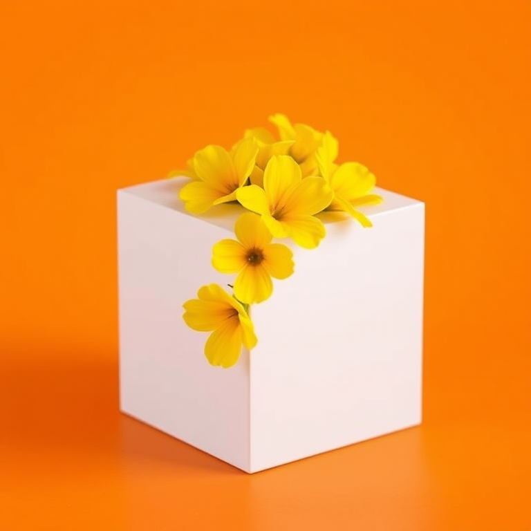 A 3D cube with vibrant yellow flowers on a smooth surface, set against a bright orange background, captured with a DSLR camera at f/2.8 aperture, 50mm lens, 1/125 sec shutter speed, ISO 100, shot from a slightly elevated angle in soft natural light.