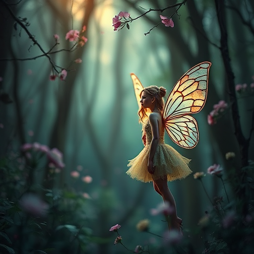 fairy in a mystical forest with floral decorations, ethereal lighting, soft focus, aperture f/1.8, ISO 100, 50mm lens, portrait view, DSLR camera, high dynamic range