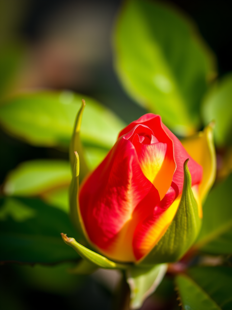 macro shot of a red and yellow rosebud surrounded by green leaves with a blurred background, aperture f/2.8, shutter speed 1/200s, ISO 100, 100mm lens, soft natural lighting, DSLR camera