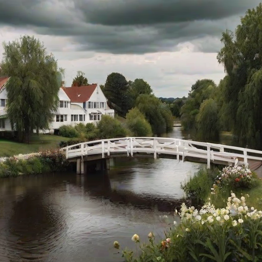 a moody landscape featuring a vintage wooden bridge over a river, surrounded by trees and quaint white houses, with flowers in the foreground and a cloudy sky above