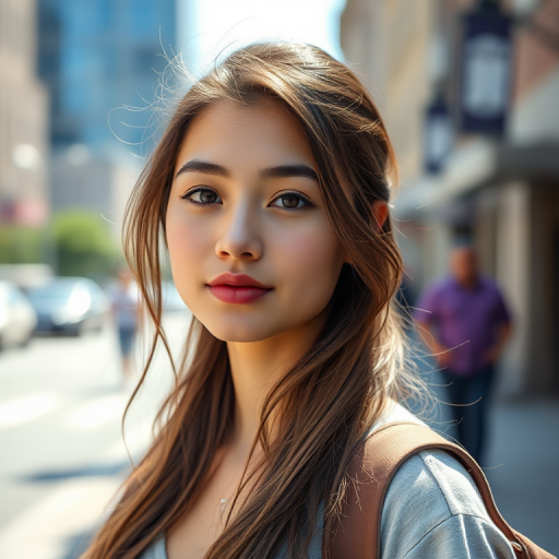 Portrait of a young woman outdoors in a city setting, natural lighting, aperture f/2.8, shutter speed 1/200, ISO 100, 50mm lens, shallow depth of field, soft focus background, taken with a DSLR camera.