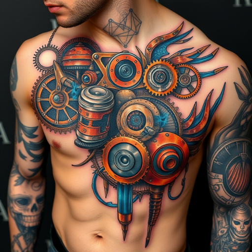Captivating "Steampunk Biomechanical" tattoo blends organic forms with mechanical elements in a unique and intricate design. Copper and brass tones create a vintage industrial feel, while pops of electric blue represent energy flowing through gears and pistons. Highly detailed shading and highlights bring depth and realism to this fusion of man and machine.
