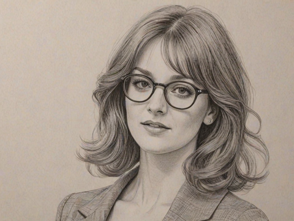 Stunning Charlotte Ritchie, pencil sketch, portrait of Alluring woman 1974s in glasses, hair style beatnik, outline, clear lines, fine lines, 8k