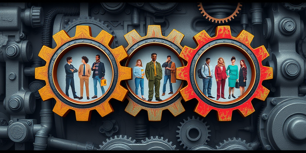 Create a digital illustration of three interconnected gears with diverse human figures inside them, set against a background of intricate grey machinery, using a Canon EOS R5, f/8 aperture, 50mm lens, high dynamic range, focus on vibrant colors and sharp details.