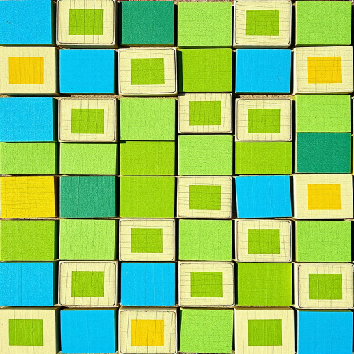 Create a vibrant pattern consisting of alternating blue, green, yellow, and gray squares arranged in a grid format, taken with a DSLR camera at f/8, ISO 100, 24mm lens, top-down view, using natural lighting to enhance clarity and color depth.