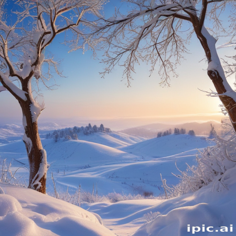 Serene Winter Landscape Featuring Snow-Covered Hills and Frosty Trees ...
