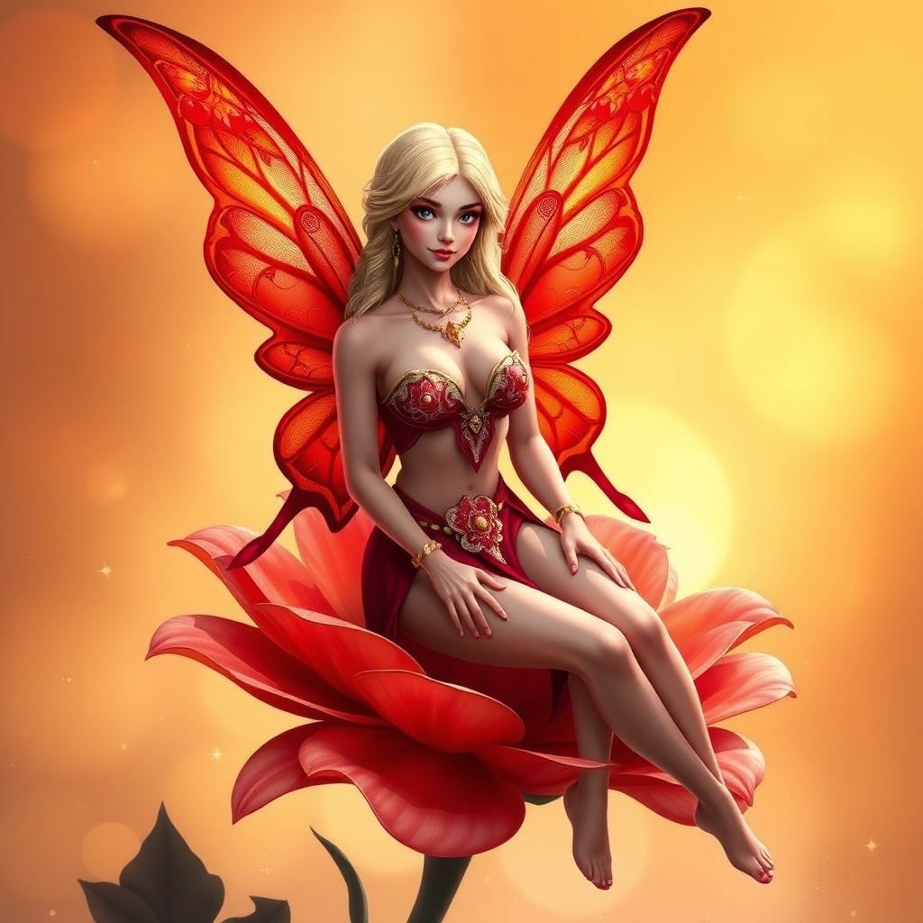 A digital artwork features a winged fairy with delicate Scarlet butterfly wings, adorned with intricate Red andOrange patterns. She is seated on a vibrant Coral flower, wearing a revealing red two-piece outfit with sparkling beadwork. Her fair skin, long blonde hair, and gold jewelry add to her ethereal appearance. The background is a warm, golden gradient, creating a magical atmosphere. Small glowing orbs and sparkles surround the flower, enhancing the enchanting, highly detailed, and realistic scene.