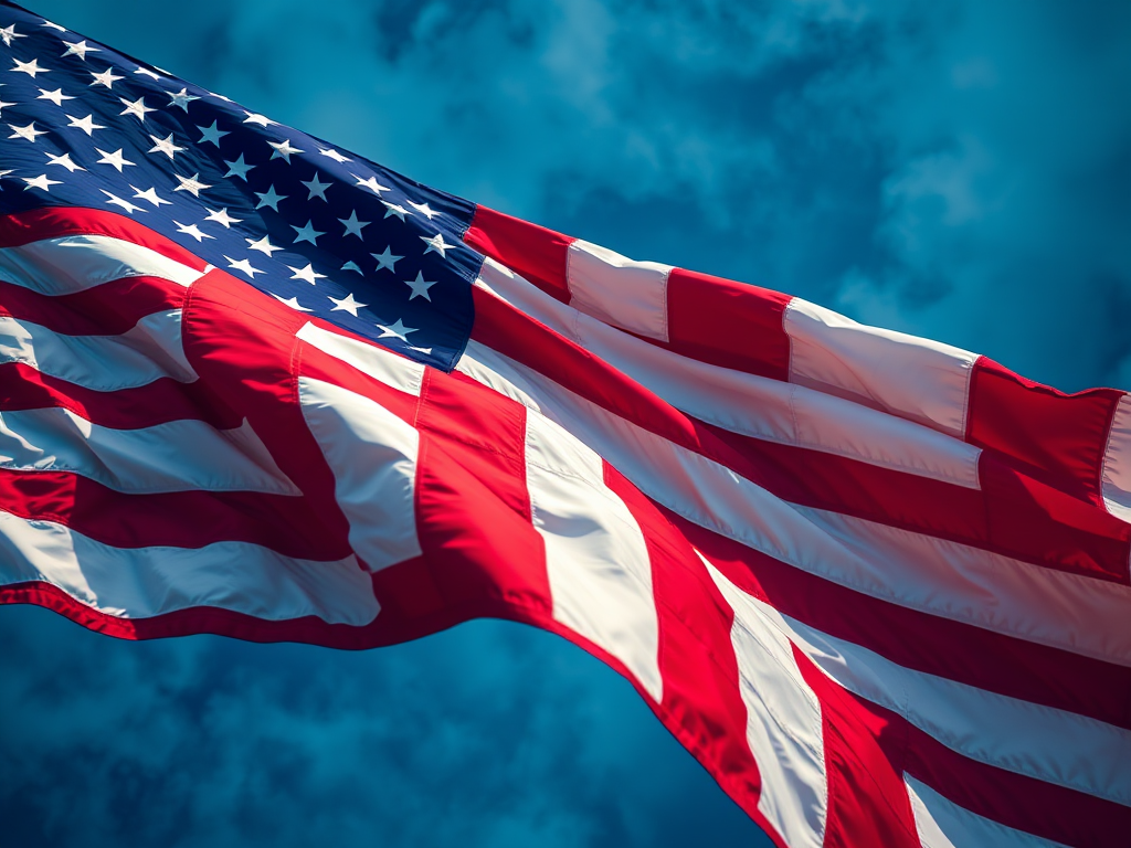 Create a vibrant, textured image of the American flag waving with a dynamic background; use a DSLR camera, 50mm lens, f/8 aperture, ISO 100, shutter speed 1/125 sec, overhead view, capturing rich colors and intricate details.
