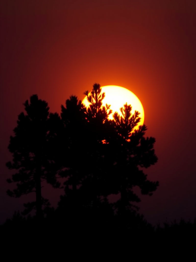 Generate a serene sunset scene with a large yellow sun setting behind a dark silhouette of pine trees, captured with a DSLR camera at f/8, ISO 100, 24mm lens, in landscape orientation, using a wide-angle perspective for enhanced depth and clarity.