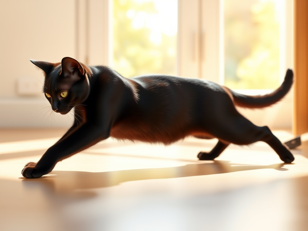 Create a high-resolution digital illustration of a sleek black cat stretching gracefully in a sunlit room, captured with a DSLR camera at f/2.8, ISO 100, 1/200s shutter speed, using a 50mm lens, in natural light for soft shadows and vibrant colors, focusing on the cat's fur texture and the serene atmosphere.