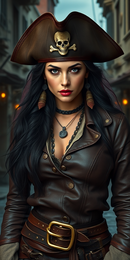 Create a portrait of a fierce female pirate. She wears a leather tricorn hat adorned with a skull and crossbones emblem, and her long, dark hair flows around her face. Her outfit consists of a richly detailed leather jacket, a corset, and multiple layers of belts and accessories, giving her a formidable and stylish appearance. She stands confidently in a dimly lit, historic port town, with a backdrop of weathered buildings and cobblestone streets, capturing the adventurous spirit of a pirate.
