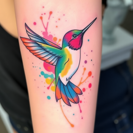 Watercolor splash tattoo depicting a vibrant hummingbird in flight, with loose, colorful splatters and delicate line details, titled "Iridescent Flutter"