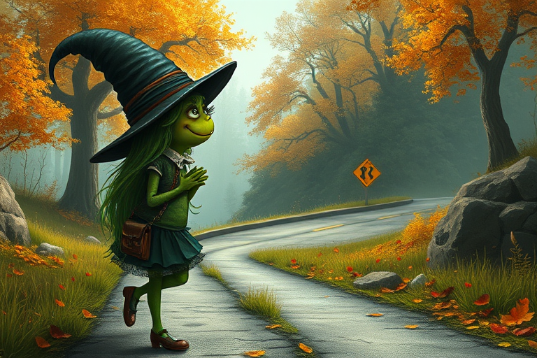 digital art fantasy depicting a strange girl with green hair, long eyelashes, green lipstick and a tall hat walking along a winding road on an autumn afternoon, an Frog smiles as she passes