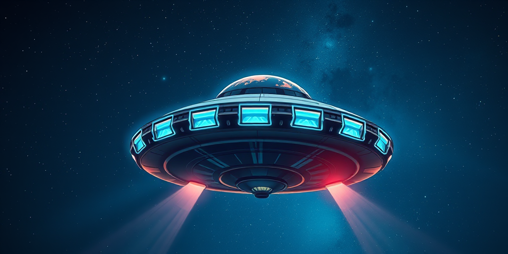 Create a highly detailed and colorful illustration of a UFO with multiple windows, capturing it in a dynamic angle from below using a DSLR camera with a 50mm lens at f/1.8 and ISO 200, ensuring a vivid background with stars and a night sky for enhanced image quality.