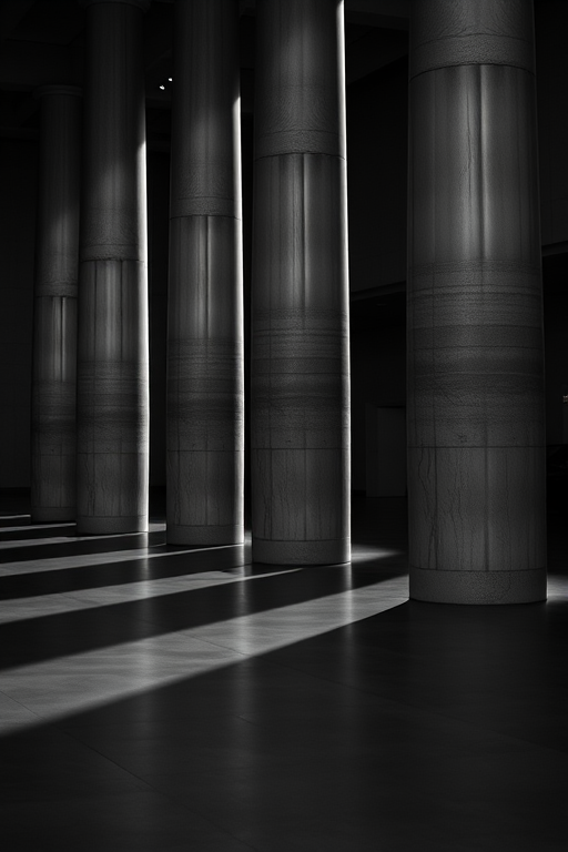 create a black and white image of tall concrete columns casting long shadows on a smooth floor in an indoor setting with dramatic lighting and a sense of depth and perspective