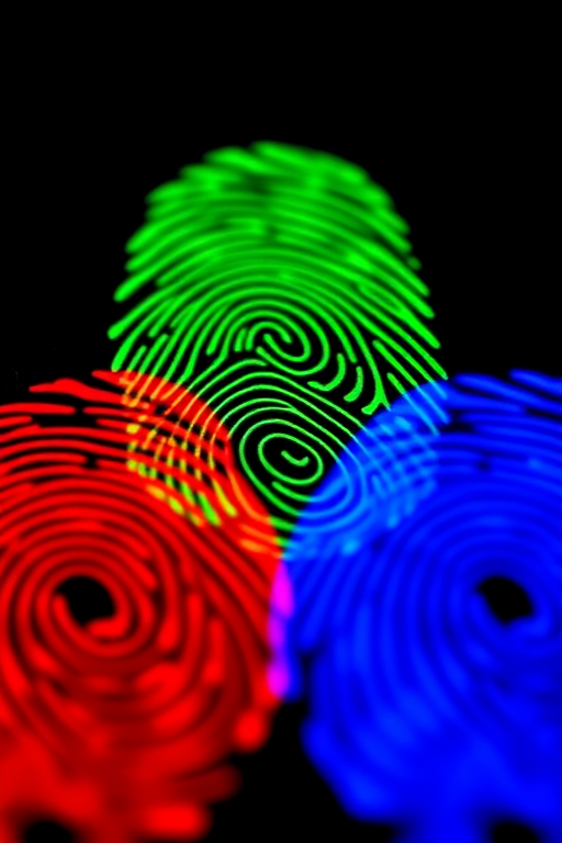Create a highly detailed close-up image of three colorful fingerprints in red, green, and blue on a black background, using a DSLR camera with a 50mm lens, aperture set to f/1.8, ISO 100, and a shallow depth of field for an artistic effect.