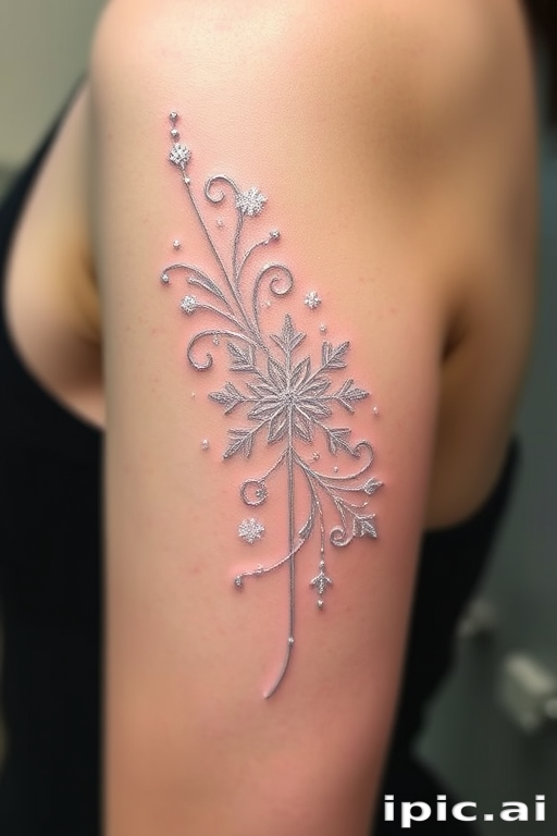 Delicate white ink tattoo named "Whispers of Frost" featuring intricate snowflake patterns and swirling winter motifs, creating a subtle and elegant design that appears to shimmer on the skin