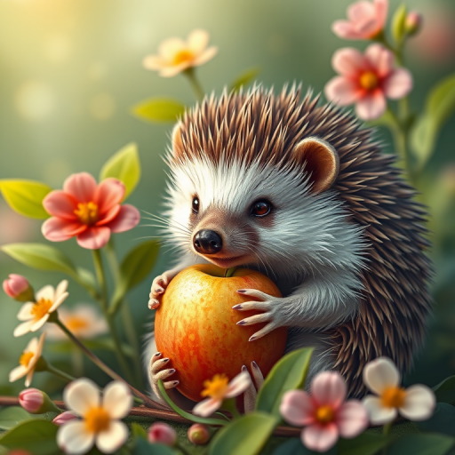 Create a vibrant illustration of a hedgehog with an apple, surrounded by delicate flowers and green leaves, using a Canon EOS R5 with a 50mm f/1.2 lens, ISO 100, aperture f/2.8, and a soft focus background.