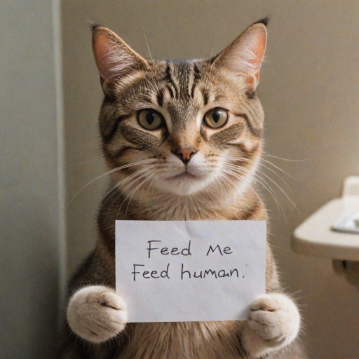cat holding a note which says "FEED ME HUMAN"