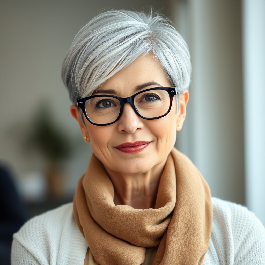 Portrait of a mature woman with short silver hair, styled in an asymmetrical pixie cut with side bangs. She wears black-framed glasses and a beige blouse with a white cardigan over it, as well as a bulky scarf in neutral tones. The woman is indoors with soft lighting and a blur in the background. Her expression is serene and confident, highlighting her elegance and modern style.