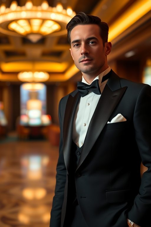 portrait of a man in a tuxedo standing in a luxurious casino, soft lighting, 50mm lens, f/1.8 aperture, ISO 200, shallow depth of field, DSLR camera, high resolution