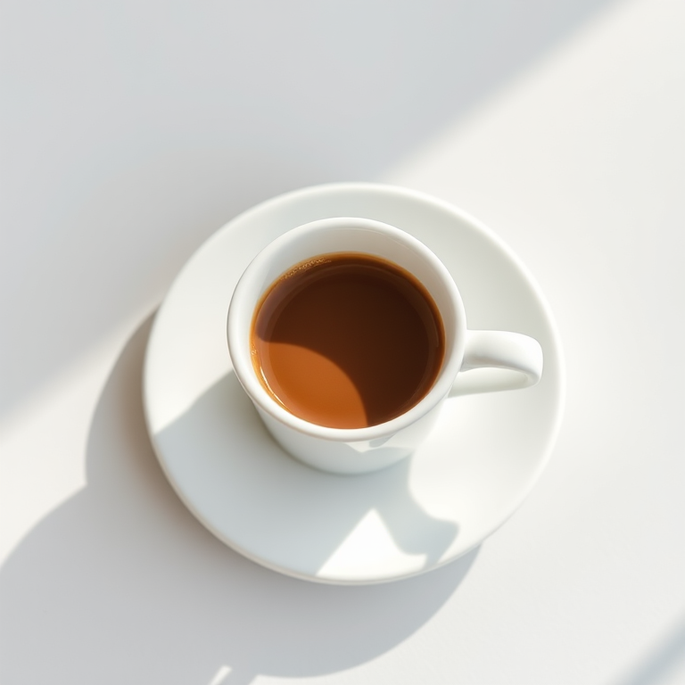 Regenerate the image of a minimalistic coffee cup and saucer set from a top-down view and side view, shot with a DSLR camera at f/2.8 aperture, 50mm lens, soft natural lighting, ISO 100, and a shallow depth of field for enhanced clarity.