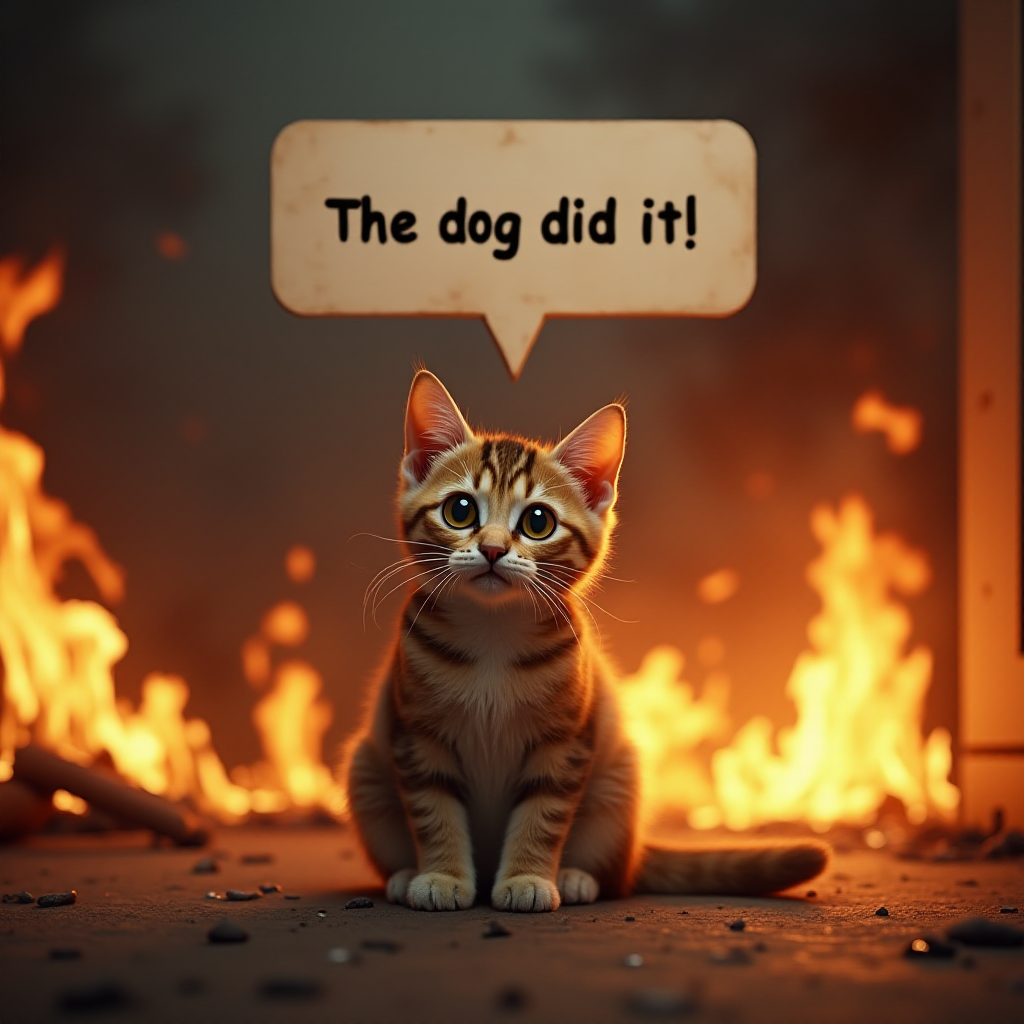 Photorealistic image of an innocent-looking cat sitting calmly in the middle of a burning room. Flames engulf the room, with fire licking up the walls and smoke filling the air. The cat is sitting on the floor, looking directly at the viewer with wide, innocent eyes. Above the cat, a speech bubble says "The dog did it". The contrast between the cat's calm demeanor and the chaos around it creates a humorous and surreal scene.