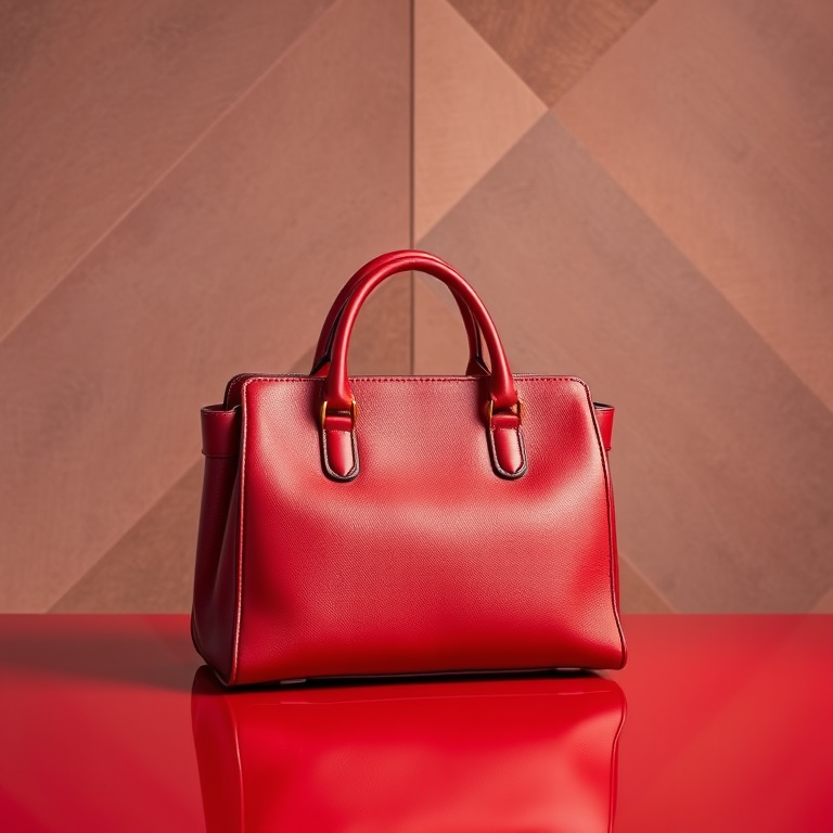 shoot a luxurious red leather handbag on a polished red surface against a textured geometric backdrop, use a DSLR camera, 85mm lens, aperture f/2.8, ISO 200, shutter speed 1/125s, soft diffused lighting for even texture and detail enhancement