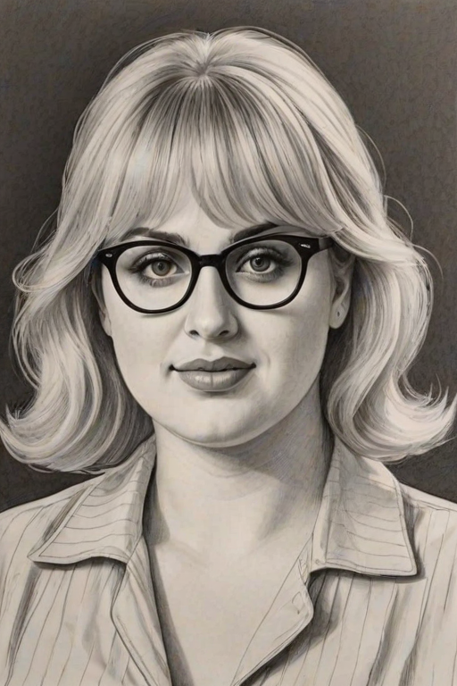 Gorgeous Rebel Wilson, pencil sketch, portrait of Splendid woman 1922s in glasses, hair style beatnik, outline, clear lines, fine lines, 8k