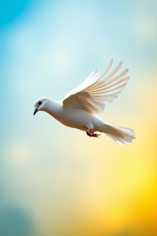 Create an image of a dove with a blue and yellow background representing peace and hope, using a 50mm lens, f/2.8 aperture, 1/200s shutter speed, shot from a slightly elevated angle with a soft focus background to enhance the subject.